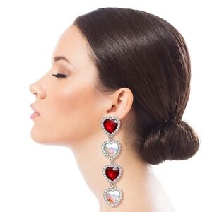 Crystal Quad Heart Drop Earrings Red Aurora Borealis Rhinestone Halo Silver